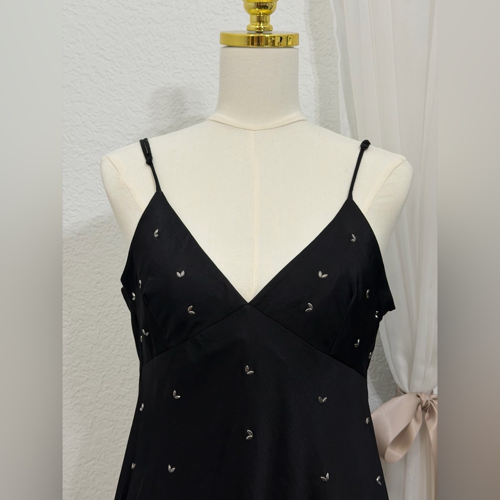 NEW ZARA Y2K Black Satin Plunge Mini Dress With Rhinestone Accents Size XL - Picture 3 of 7